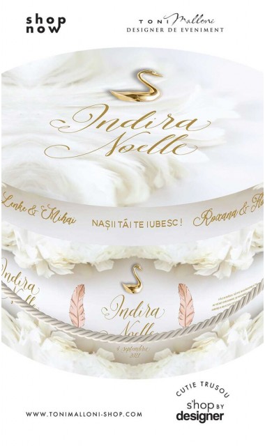 Cutie trusou botez cu lebada gold si fulgi albi si pene albe extrem de eleganta 3